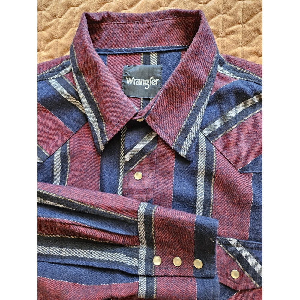 Wrangler Men's Blue Maroon Flannel Pearl Snap Button Long Sleeve Shirt, Sz. XL